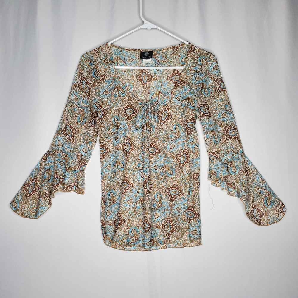 Anxiety Vtg 90s Top Medium Paisley Tie Flare Sleeve Chiffon Country Fairy Whimsy